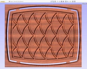 May include: A close-up of a wooden tray with a carved geometric pattern. The tray is a reddish-brown color and has a slightly oval shape.