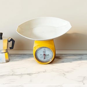 Puede incluir: Una báscula de cocina de color amarillo brillante con un cuenco de pesaje grande, blanco y de forma ovalada en la parte superior. El dial circular en la parte frontal muestra marcas de medición y una aguja roja. Una cafetera metálica está a la izquierda.