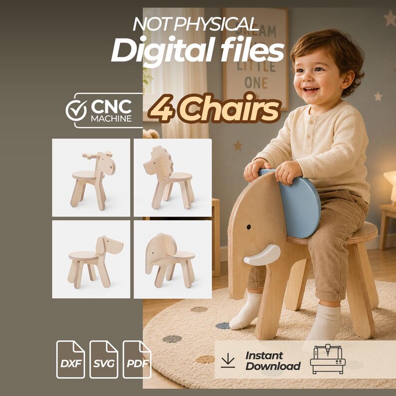 Cnc Router Signs Files Bundle Animal Kids Chairs | 4 Wooden Chair Plans | Furniture DXF | CNC ...