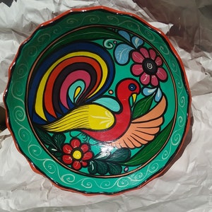Vintage HandMade/Painted Clay Pottery Footed Bowl Floral Bird Design
