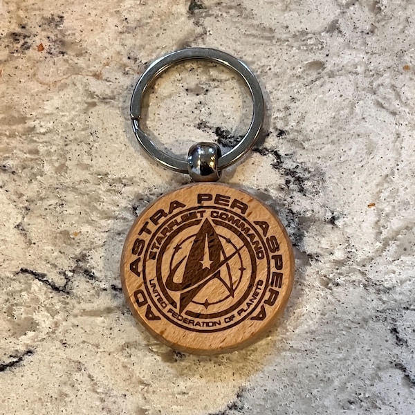 Strange New Worlds Inspired  “Ad Astra Per Aspera” Wood Keychain