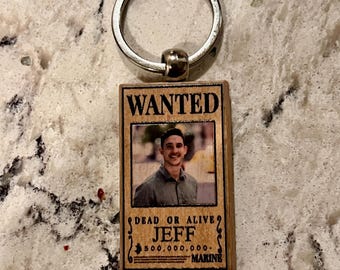 Wanted Wood Straw Pirate Keychain with Custom Color Photo