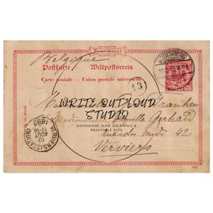 May include: Vintage postcard from Belgium with handwritten text and stamps. The postcard features the text "WRITE OUTLOUD Franken STUDIO" and "HANDMADE JUNK JOURNALS & PRINTABLE KITS". The postcard is dated August 10, 1899.