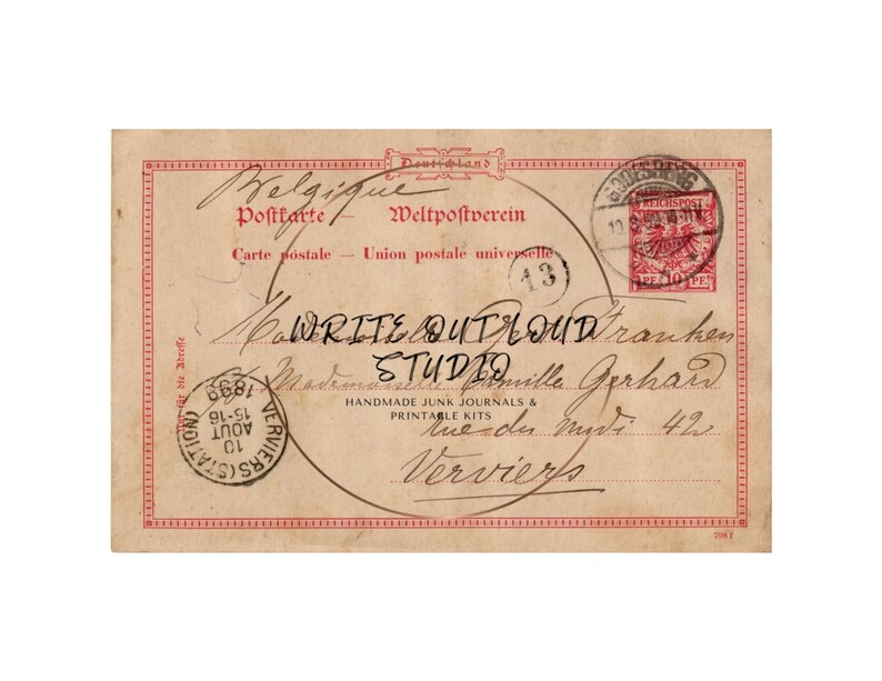 May include: Vintage postcard from Belgium with handwritten text and stamps. The postcard features the text "WRITE OUTLOUD Franken STUDIO" and "HANDMADE JUNK JOURNALS & PRINTABLE KITS". The postcard is dated August 10, 1899.