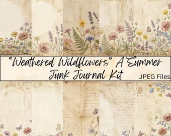 Verwitterte Wildblumen Junk Journal Kit | Rustikales gealtertes Papier, Taschen, Tags (Digitaler Download)