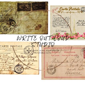 May include: A collection of vintage postcards with aged paper textures, stamps, and handwritten script. One postcard features the Eiffel Tower and pink roses. The text "WRITE OUT LOUD STUDIO" is visible.