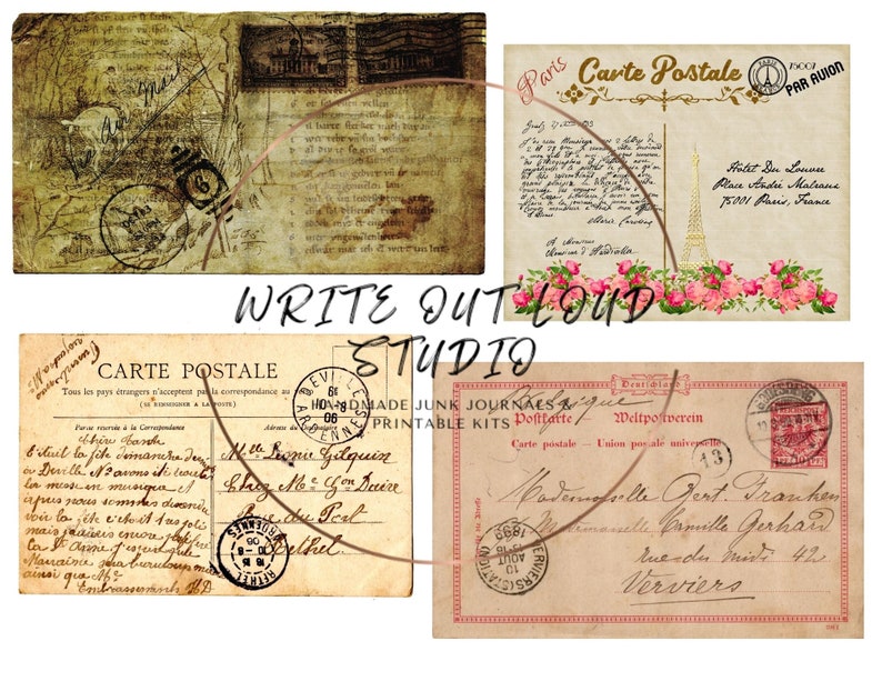 May include: A collection of vintage postcards with aged paper textures, stamps, and handwritten script. One postcard features the Eiffel Tower and pink roses. The text "WRITE OUT LOUD STUDIO" is visible.