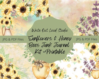 23 Page "Sunflowers & Honey Bees" Junk Journal Kit, Junk Journal Printable, Junk Journal Pages, Bee Junk Journal Kit, Sunflower Journal Kit