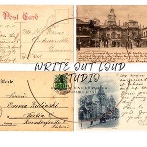 May include: A collage of vintage postcards with handwritten messages and stamps. One postcard features a London building, another a Berlin address, and others personal notes. The postcards are aged with a sepia tone.