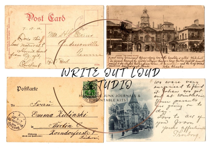 May include: A collage of vintage postcards with handwritten messages and stamps. One postcard features a London building, another a Berlin address, and others personal notes. The postcards are aged with a sepia tone.