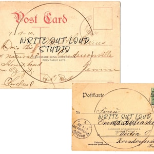 May include: Two vintage postcards with handwritten text and stamps. One postcard reads "WRITE OUT LOUD STUDIO" and includes a handwritten message. The other postcard features "WRITE OUT LOUD" and the name Emma Widlinski, with a Berlin address.