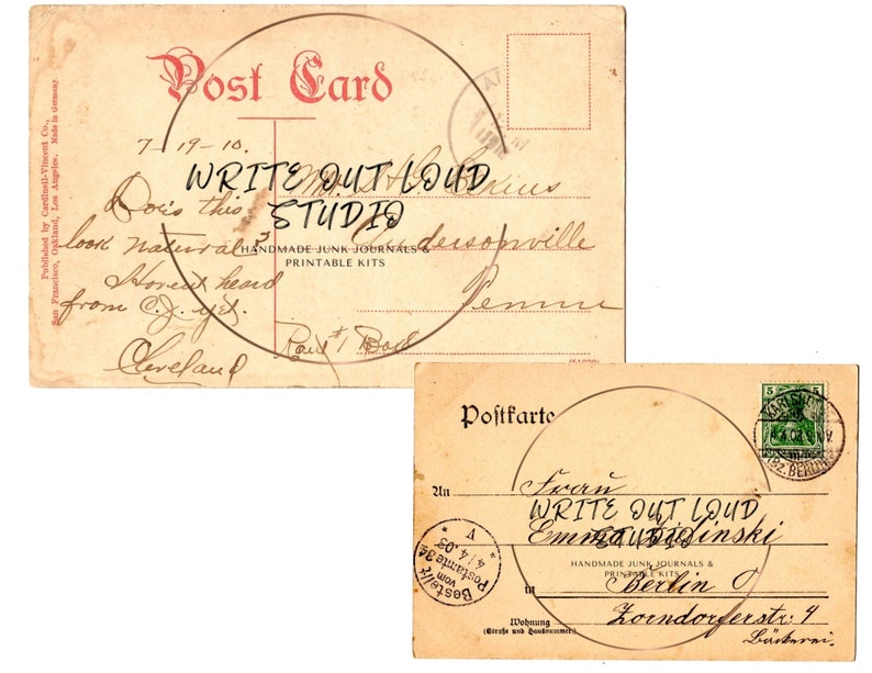 May include: Two vintage postcards with handwritten text and stamps. One postcard reads "WRITE OUT LOUD STUDIO" and includes a handwritten message. The other postcard features "WRITE OUT LOUD" and the name Emma Widlinski, with a Berlin address.