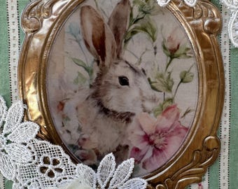 Handmade Spring Junk Journal, Vintage Bunnies & Wildflowers, 144 Pages, Hidden Spine, Pockets, Tags and Lace, Writing Journal, Padded Cover