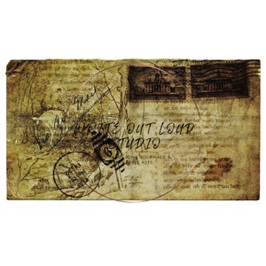 May include: A rectangular, vintage-style postcard with a sepia tone. The postcard features illustrations, stamps, and handwritten text. The text "WRITE OUT LOUD STUDIO" is visible. The overall design evokes a sense of nostalgia and history.