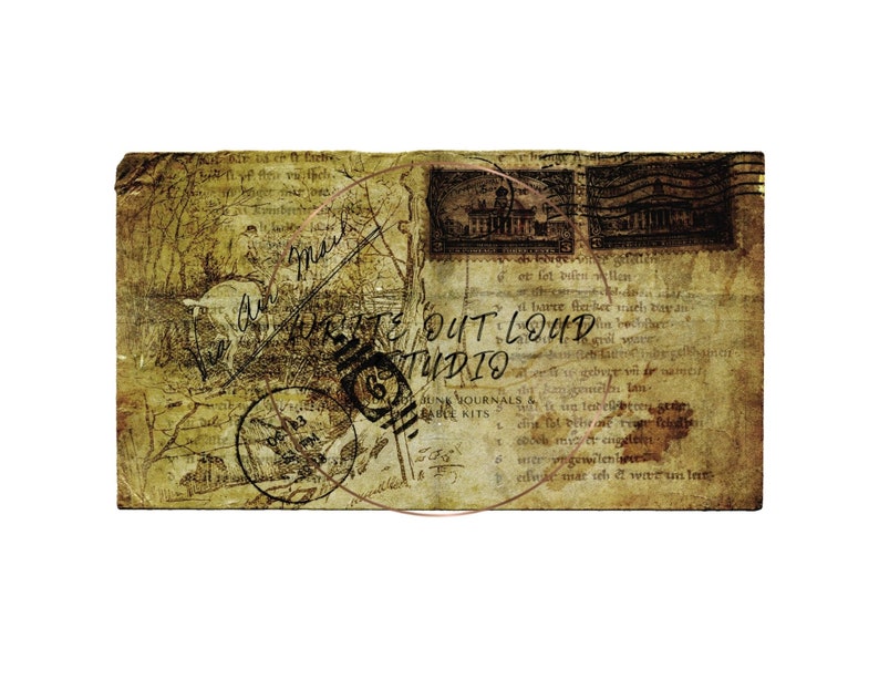 May include: A rectangular, vintage-style postcard with a sepia tone. The postcard features illustrations, stamps, and handwritten text. The text "WRITE OUT LOUD STUDIO" is visible. The overall design evokes a sense of nostalgia and history.