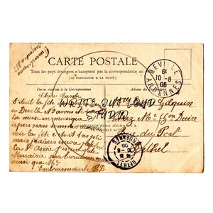 May include: Vintage postcard with handwritten text and stamps. The postcard is aged with a yellowed appearance. The text is in French, with a stamp from Evreux, France, dated 10-8-06. The postcard is a piece of historical ephemera.