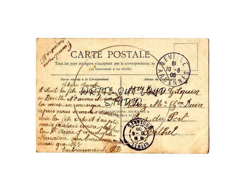 May include: Vintage postcard with handwritten text and stamps. The postcard is aged with a yellowed appearance. The text is in French, with a stamp from Evreux, France, dated 10-8-06. The postcard is a piece of historical ephemera.