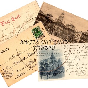 May include: A collection of vintage postcards with handwritten messages and stamps. The postcards feature sepia-toned images of buildings and landscapes, with text that reads "Post Card" and "Write Out Loud Studio".