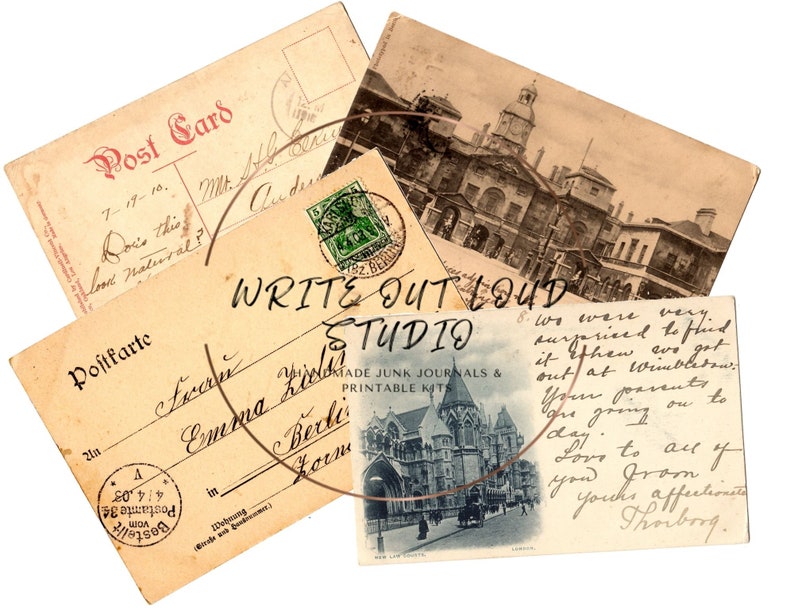 May include: A collection of vintage postcards with handwritten messages and stamps. The postcards feature sepia-toned images of buildings and landscapes, with text that reads "Post Card" and "Write Out Loud Studio".