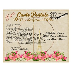 May include: Vintage-style postcard with the text "Paris Carte Postale" in gold lettering. The postcard features a gold Eiffel Tower illustration, handwritten script, and a border of pink roses. The text includes "75001 Paris, France."