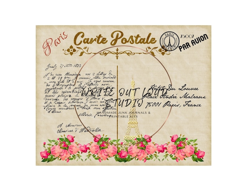 May include: Vintage-style postcard with the text "Paris Carte Postale" in gold lettering. The postcard features a gold Eiffel Tower illustration, handwritten script, and a border of pink roses. The text includes "75001 Paris, France."