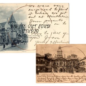 May include: Two vintage postcards featuring London landmarks. One shows New Law Courts, the other, The Horse Guards. Both cards have handwritten messages and the text "WRITE OUT LOUD STUDIO".