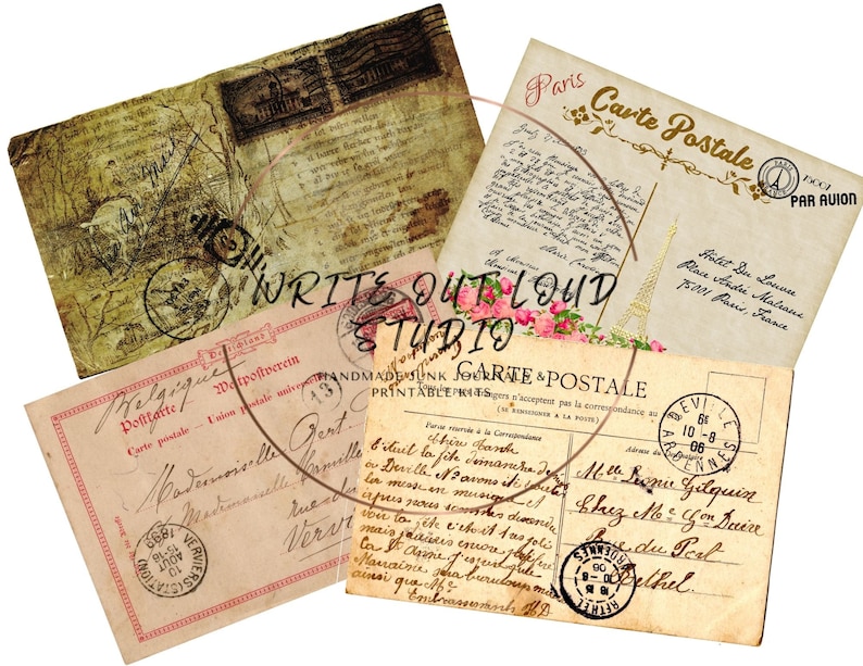 May include: A collection of vintage postcards with aged paper textures and handwritten script. The postcards feature stamps, travel destinations, and the text "Paris Carte Postale" and "Belgique Postkarte". The image also includes the text "WRITE OUT LOUD STUDIO".