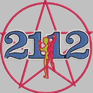 Pode incluir: Um remendo azul e branco com os números 2112 e uma figura estilizada no centro. A figura é amarela e vermelha e está em pé em frente a uma estrela vermelha de cinco pontas.