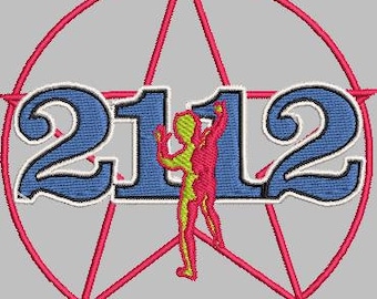 Könnte beinhalten: Ein blauer und weißer Patch mit den Zahlen 2112 und einer stilisierten Figur in der Mitte. Die Figur ist gelb und rot und steht vor einem roten fünfzackigen Stern.