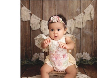 Pink Floral Easter Romper First Birthday Party Half Smash Cake Photo prop Dress Outfit Baby Vintage Ivory Lace Boho Chic Beige Bohemian