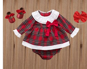 Christmas Bamboo Baby Skirted Bodysuit – Red Holiday Tartan Plaid