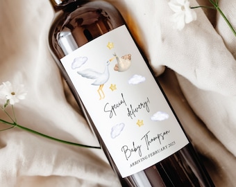 Pregnancy Announcement Wine Label, Custom Baby Announcement Wine Bottle Sticker, Stork Special Delivery Pregnancy Reveal For Wine Bottle