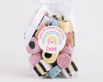Personalised Birthday Favour Stickers, Rainbow Party Stickers With Name, Party Bag Or Sweet Cone Seals, Kids Custom Doggy Bag Stickers