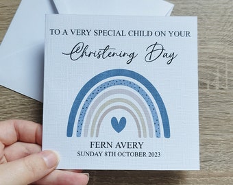 Personalised Christening Card, Baby Boy Or Girl Baptism Card, Rainbow Naming Day Card, Custom Details Watercolour New Baby Card