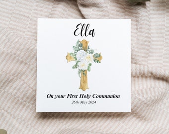 Personalised Communion Card, First Holy Communion Custom Name, Floral Name Communion Day Card, Floral Cross Boy Girl Communion Greeting Card