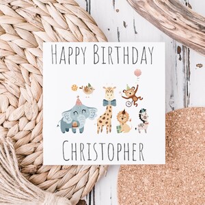 Personalisierte Safari Geburtstagskarte, alles Gute zum Geburtstag benutzerdefinierte Dschungel-Themen-Grußkarte, niedliche Kinder 1. Geburtstagskarte