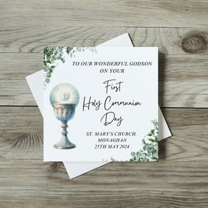 Personalised First Holy Communion Card, Blue Boy Theme Communion Card With Watercolour Leaves, Communion Chalice Custom Card