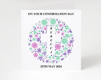 Personalised Confirmation Girls Card, Custom Floral Cross Confirmation Card With Name And Date, On Your Confirmation Day Customised Card