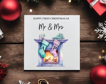 Personalised First Christmas Married Wedding Greeting Card, Custom Stockings Christmas Card, First Christmas As Mr & Mrs,