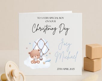 Personalized Teddy Bear Christening Card: Boy&#39;s Baptism Keepsake