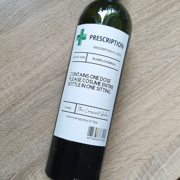 Personalised Prescription Wine Bottle Label, Wine Alcohol Bottle Custom Label Gift, Funny Gag Present