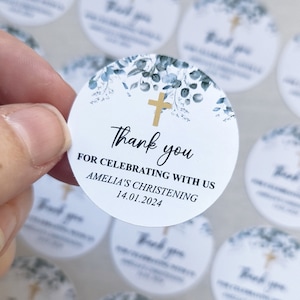 Aangepaste doopstickers, labels babydoop, groen eucalyptus naamdag ceremonie partijgunst stickers, christelijk kruis, nieuwe baby