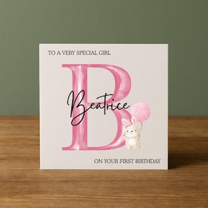 Personalisierte Geburtstagskarte für Mädchen mit individuellem Namen - Rosa Aquarell-Thema - Baby Karte mit Häschen - Individuelle Erinnerungskarte