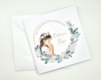 Personalized First Communion Card: Floral Girl&#39;s Holy Communion