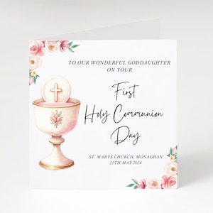 Personalised First Holy Communion Card, Pink Girl Theme Communion Card With Watercolour Flowers, Communion Chalice Custom Card