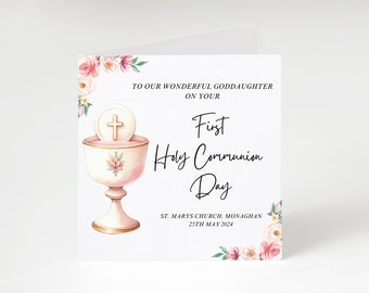 Carte de première communion personnalisée, carte de communion sur le thème fille rose avec fleurs aquarelles, carte personnalisée calice de communion