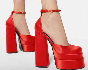 red chunky platform heels