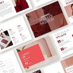May include: A digital media kit template for a speaker, featuring multiple pages with a red and beige color scheme. The layout includes sections titled My Story, The Impact, Why Book This Speaker, and Contact Us, with placeholder text and imagery.