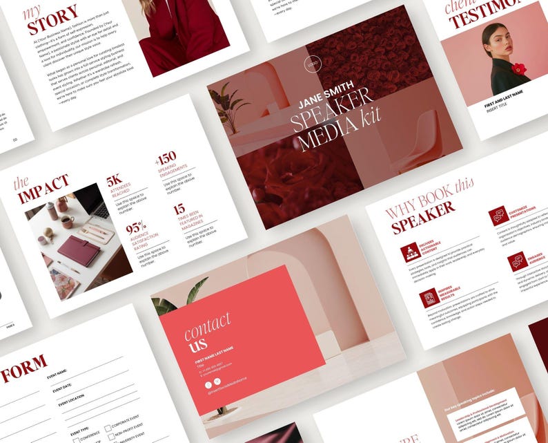 May include: A digital media kit template for a speaker, featuring multiple pages with a red and beige color scheme. The layout includes sections titled My Story, The Impact, Why Book This Speaker, and Contact Us, with placeholder text and imagery.