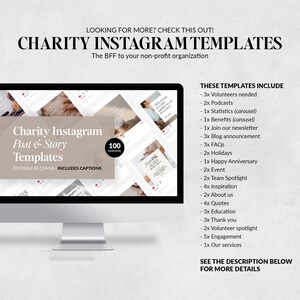 May include: A computer screen displaying a mockup of 100 Instagram post and story templates for charities. The templates are editable in Canva and include captions. The text on the screen reads "Charity Instagram Post & Story Templates".